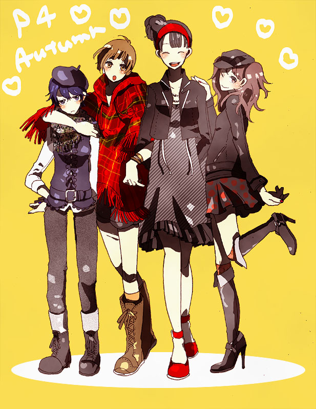 amagi_yukiko, androgynous, beret, black_hair, blue_eyes, blue_hair, boots, brown_eyes