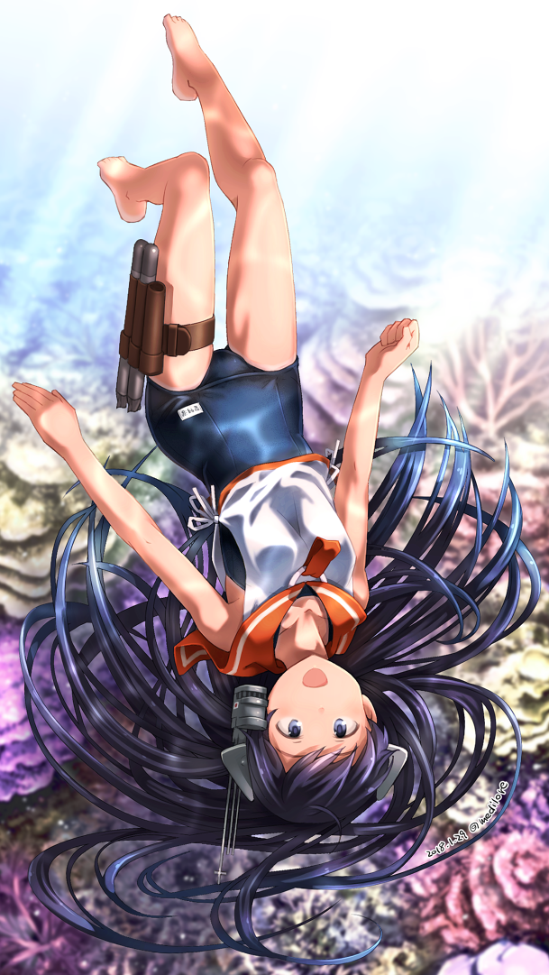 1girl, barefoot, black_eyes, black_hair, coral, freediving, full_body, headgear