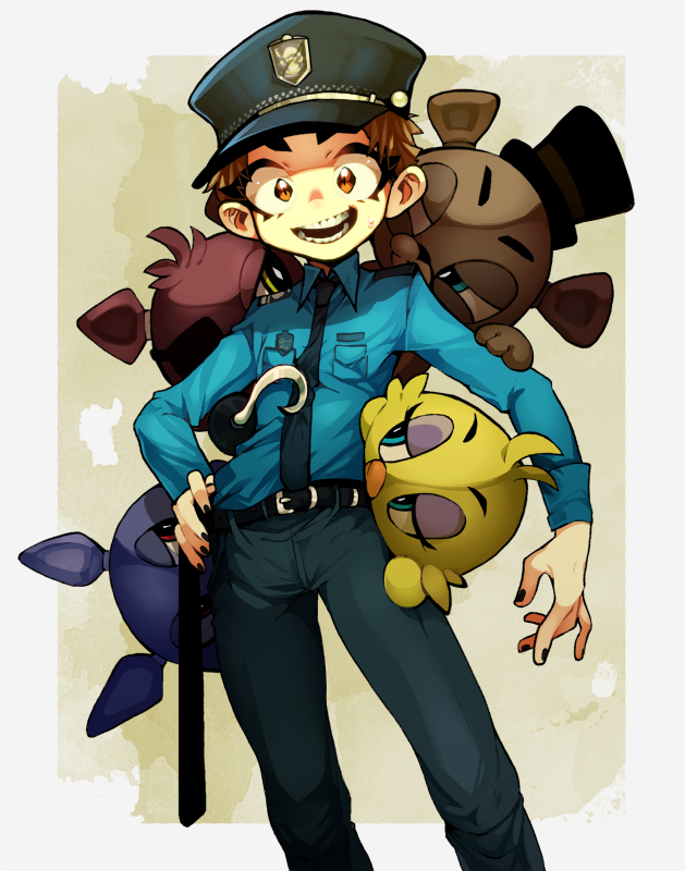 1boy, agen_chiita, baton, black_nails, bonnie_(fnaf), brown_eyes, brown_hair, chica