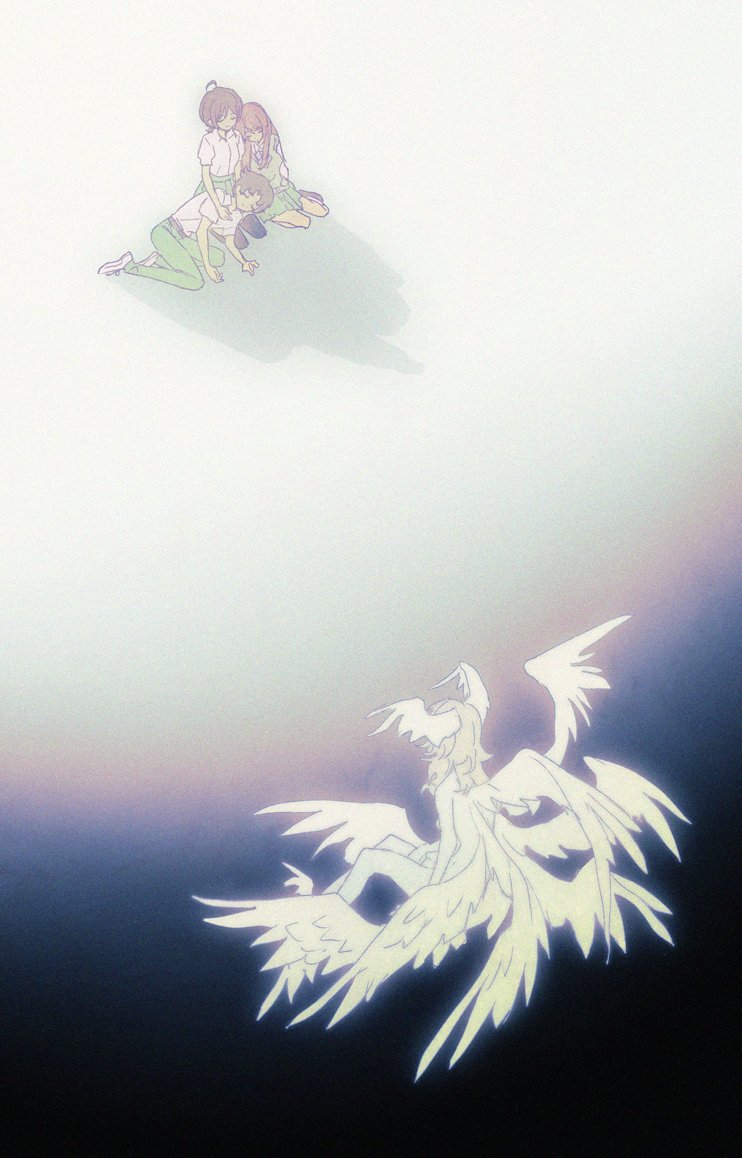 2boys, 2girls, ahoge, angel, asuka_ryou, blonde_hair, brown_hair, devilman