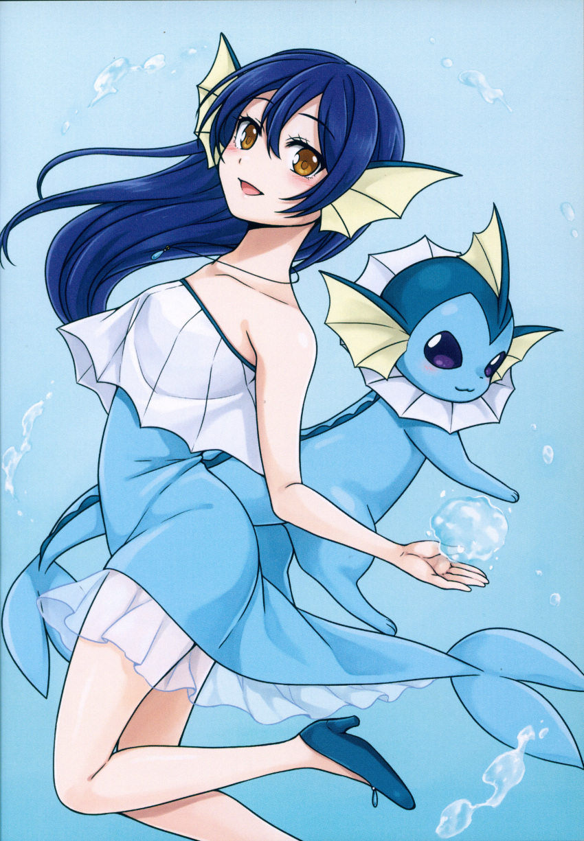 1girl, absurdres, bangs, blue, blue_background, blue_hair, blush, bubble