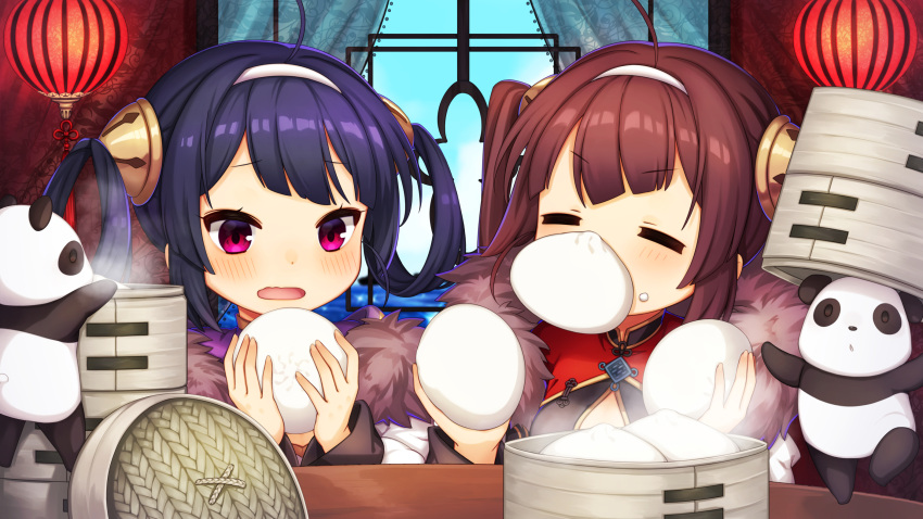 2girls, =_=, ahoge, animal, azur_lane, bamboo_steamer, bangs, baozi, blue_sky, blush, brown_hair, closed_eyes, clouds, commentary_request, day, dress, eyebrows_visible_through_hair, food, food_in_mouth, food_on_face, fur-trimmed_jacket, fur_trim, hair_rings, hairband, hairpods, highres, holding, holding_food, huziimiyuu, indoors, jacket, lantern, long_hair, long_sleeves, mouth_hold, multiple_girls, ning_hai_(azur_lane), ocean, panda, paper_lantern, parted_lips, ping_hai_(azur_lane), purple_dress, purple_hair, red_dress, sky, steam, table, twintails, v-shaped_eyebrows, violet_eyes, water, white_hairband, white_jacket, window