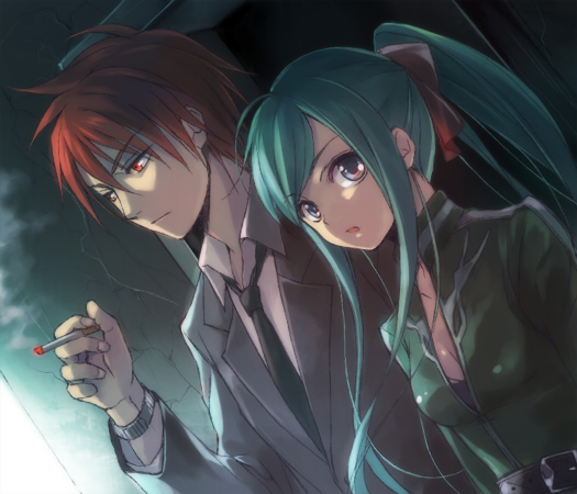 cigarette, formal, green_hair, male, necktie, original, ponytail, red_hair