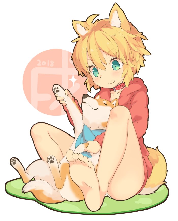 1girl, 2018, animal_ears, bare_legs, barefoot, blonde_hair, collar, commentary_request, dog, dog_collar, dog_ears, dog_girl, dog_tail, feet, green_eyes, holding_paw, hood, hoodie, lying, on_back, original, panties, playing, red_hoodie, roke, scarf, sitting, smile, soles, tail, toes, underwear, white_panties