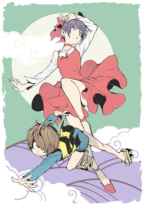1boy, 1girl, black_eyes, brown_hair, choker, clouds, dress, gegege_no_kitarou