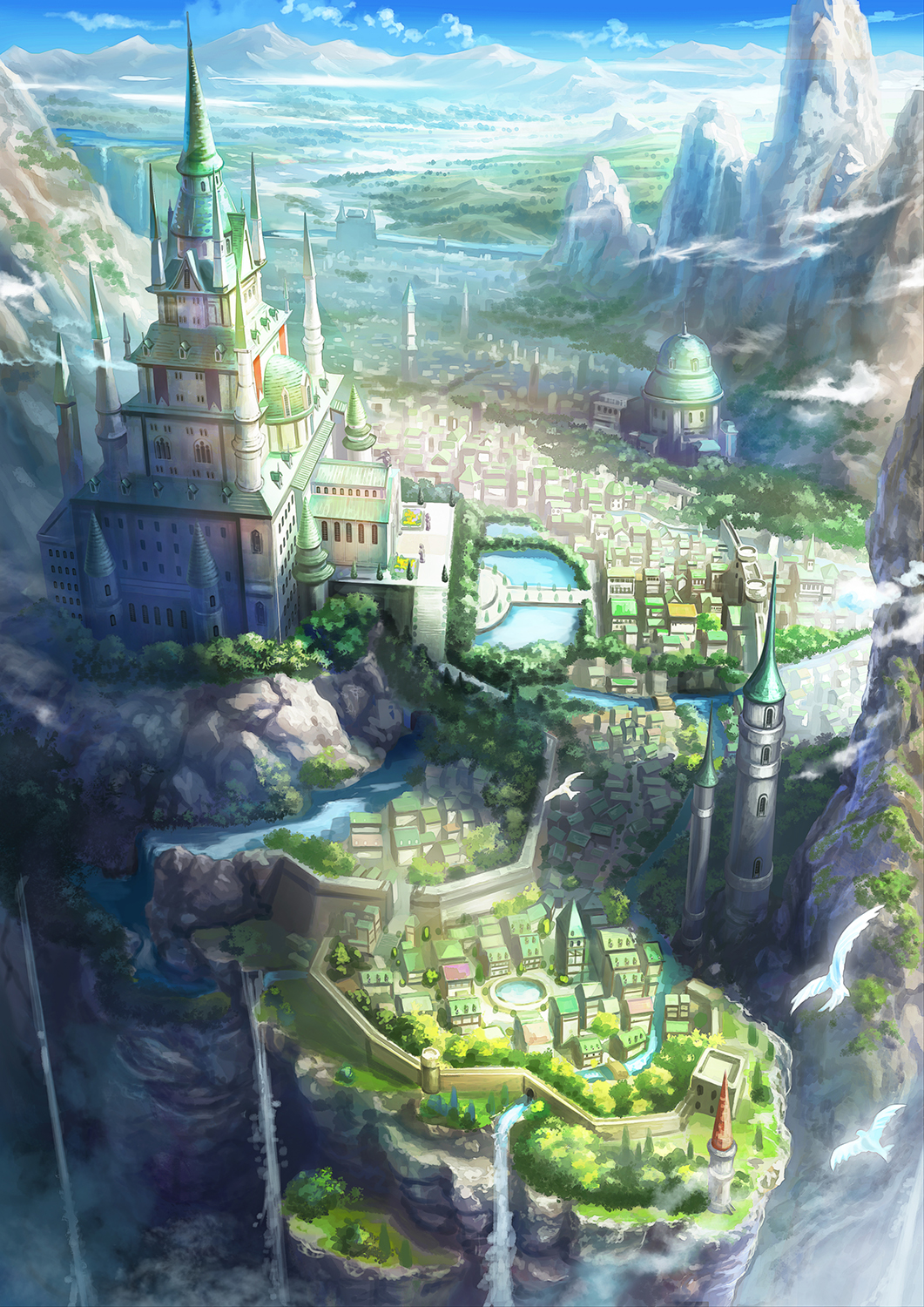 bird, blue_sky, bridge, castle, city, cliff, clouds, day, fantasy, flower_bed, fountain, from_above, gate, highres, kazemachi_(akainan), mountain, no_humans, original, river, scenery, sky, statue, tower, tree, wall, water, waterfall