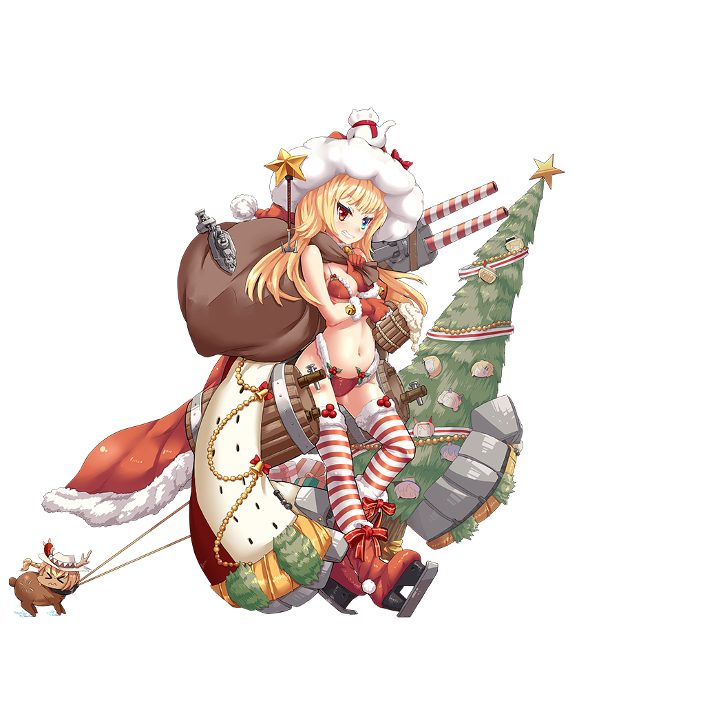 >_<, 1girl, ankle_boots, artist_request, barrel, beer_keg, beer_mug, bell, bikini, blonde_hair, boot_bow, boots, bow, breasts, cape, carrying_bag, carrying_over_shoulder, christmas_tree, cleavage, dragging, foam, fur-trimmed_bikini, fur-trimmed_boots, fur-trimmed_cape, fur-trimmed_gloves, fur-trimmed_legwear, fur_trim, gloves, grin, hat, hat_bow, heterochromia, high_heel_boots, high_heels, ice_skates, living_clothes, long_hair, looking_at_viewer, mistletoe, nevada_(zhan_jian_shao_nyu), official_art, oklahoma_(zhan_jian_shao_nyu), oversized_hat, red_bikini, red_bow, red_gloves, reindeer, resisting, revealing_clothes, rigging, sack, santa_costume, santa_hat, skates, smile, snow_cat, solo_focus, spilling, star, striped, striped_legwear, swimsuit, thigh-highs, towing, transparent_background, tsurime, turret, zhan_jian_shao_nyu