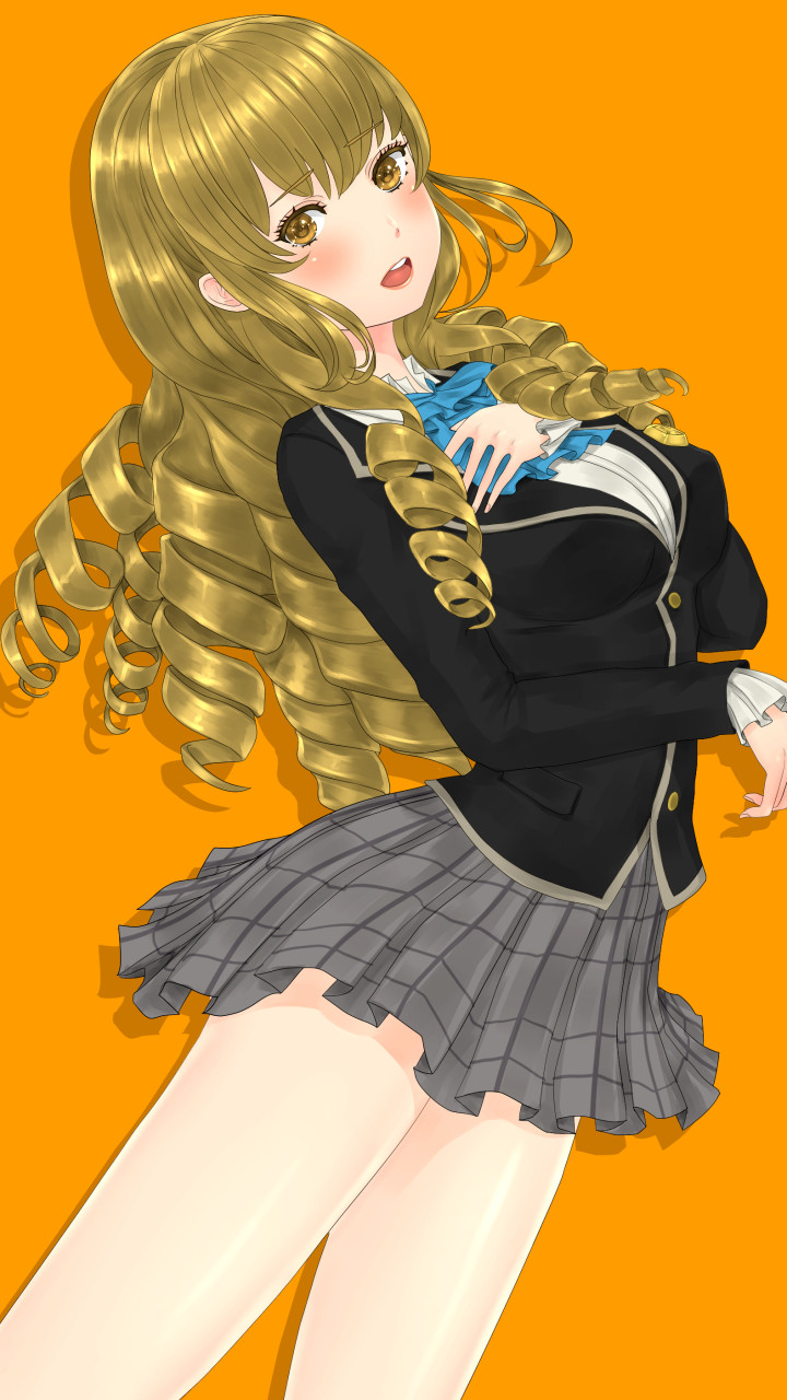 1girl, arched_back, blonde_hair, brown_eyes, drill_hair, highres, long_hair, looking_at_viewer, megaoden, miniskirt, noel_jaune_beart, orange_background, orange_eyes, school_girl_strikers, school_uniform, skirt, solo