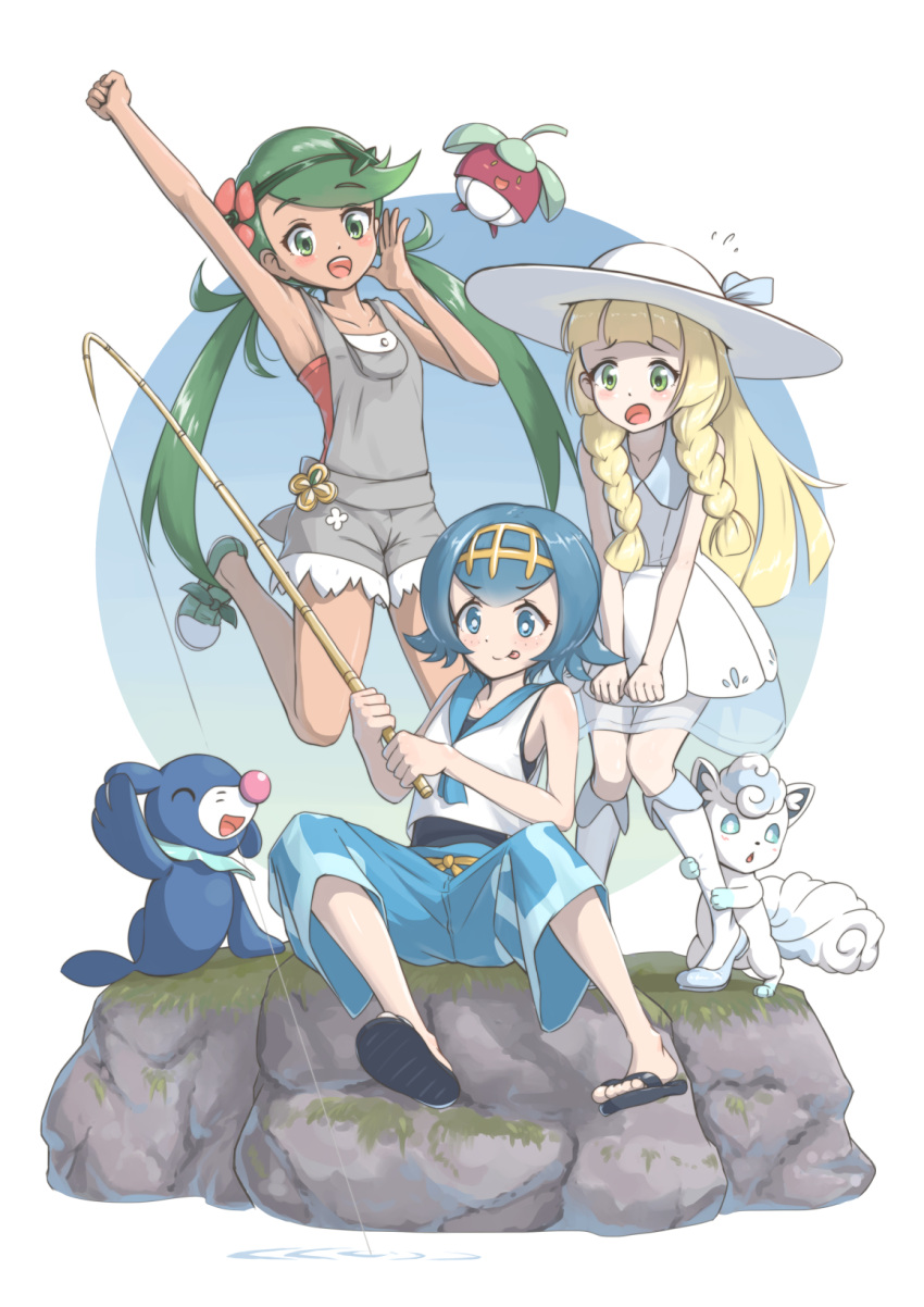 3girls, :d, :o, :q, akatsuki_no_akatsuki, alola_form, alolan_vulpix, arm_up, bangs, bare_shoulders, blonde_hair, blue_eyes, blue_hair, blue_sailor_collar, blush, bounsweet, braid, capri_pants, dress, fishing, fishing_rod, flower, flying_sweatdrops, green_eyes, green_hair, hair_flower, hair_ornament, hairband, hat, highres, jumping, leaning_forward, lillie_(pokemon), long_hair, mallow_(pokemon), multiple_girls, open_mouth, overalls, pants, pokemon, pokemon_(creature), pokemon_(game), pokemon_sm, rock, sailor_collar, sitting, sleeveless, slippers, smile, standing, suiren_(pokemon), sun_hat, swept_bangs, swimsuit, swimsuit_under_clothes, tongue, tongue_out, twin_braids, vulpix, white_dress, white_hat