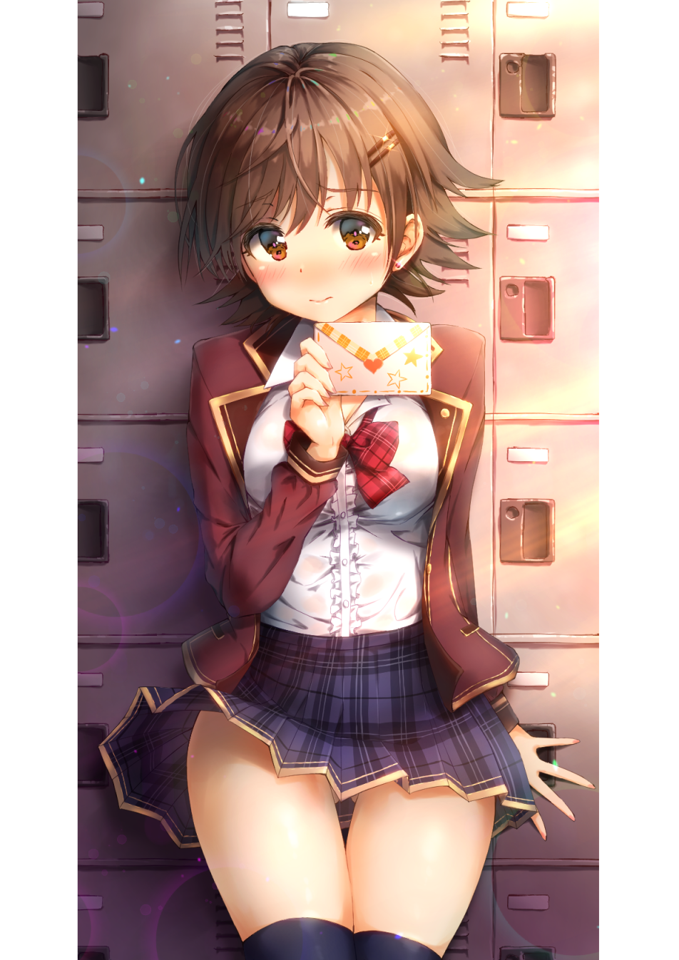 1girl, against_locker, black_legwear, blazer, blue_skirt, blush, bow, bowtie, breasts, brown_eyes, brown_hair, brown_jacket, center_frills, closed_mouth, earrings, eyebrows_visible_through_hair, frills, glint, heart, highres, holding_letter, honda_mio, idolmaster, idolmaster_cinderella_girls, jacket, jewelry, kuria_(clear_trip_second), lens_flare, letter, locker, long_sleeves, looking_at_viewer, love_letter, medium_breasts, nail_polish, nervous_smile, nose_blush, open_blazer, open_clothes, open_jacket, pink_nails, plaid, plaid_bow, plaid_neckwear, plaid_skirt, raised_eyebrows, red_bow, red_neckwear, school_uniform, shiny, shiny_skin, shirt, short_hair, skirt, solo, stud_earrings, tareme, thigh-highs, thigh_gap, thighs, white_shirt