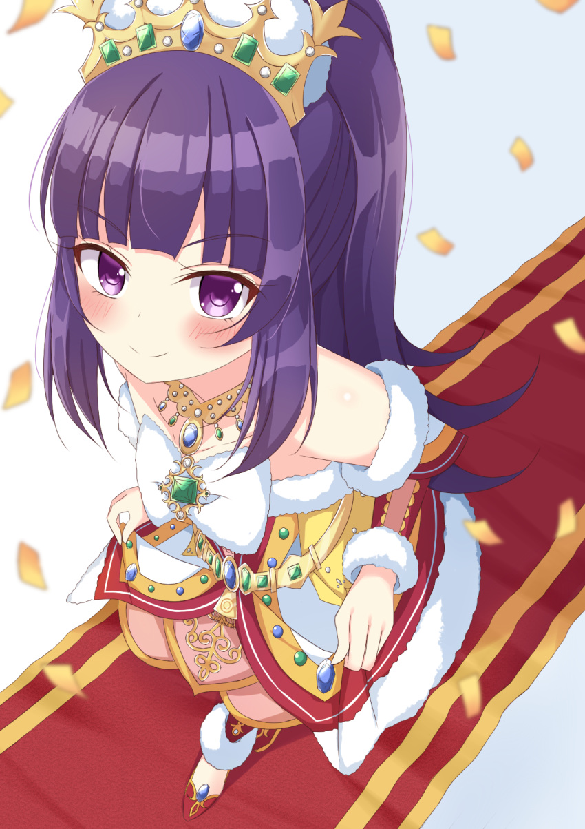 1girl, bangs, blunt_bangs, blush, confetti, detached_sleeves, dress, emerald