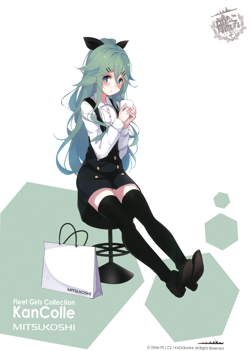 1girl, absurdres, bag, blue_eyes, blush, boots, green_hair, hair_ornament