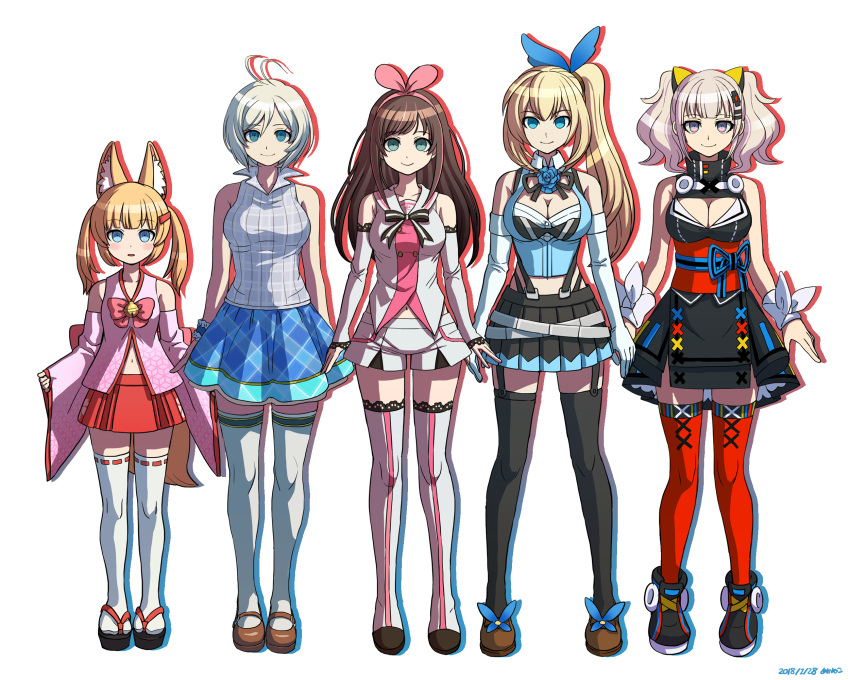1girl, 5girls, a.i._channel, akaneko_(redakanekocat), animal_ears, black_bow, black_footwear, blonde_hair