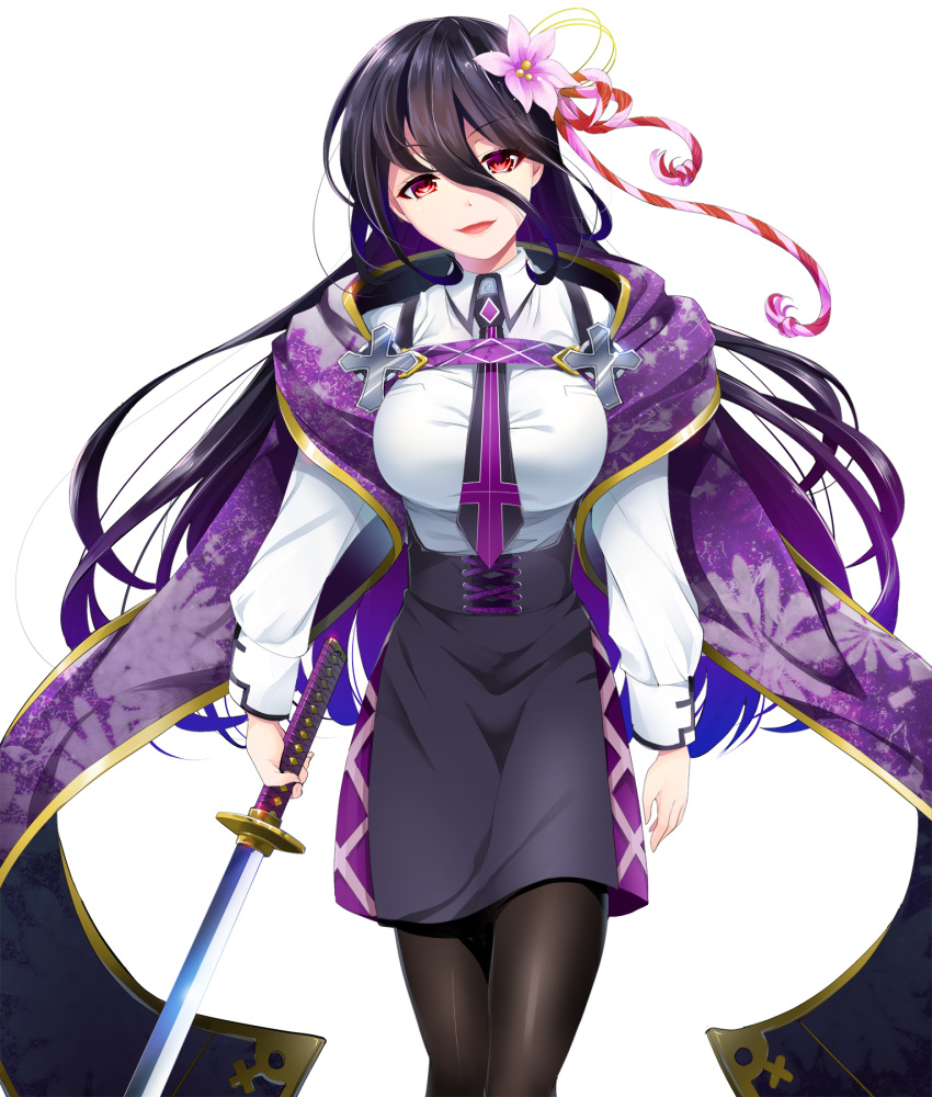1girl, black_hair, black_legwear, breasts, collared_shirt, cross, eyebrows_visible_through_hair, flower