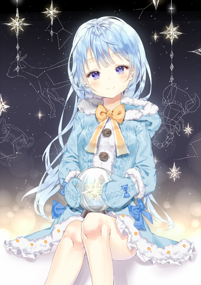 1girl, ball, bangs, blue_bow, blue_coat, blue_hair, blue_mittens, blush