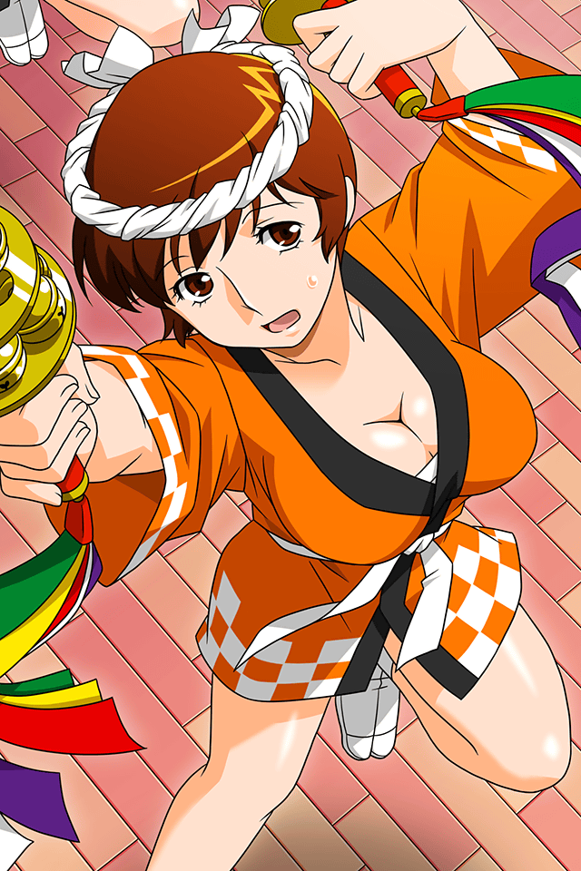 1girl, arms_up, breasts, brown_eyes, brown_hair, cleavage, from_above, large_breasts