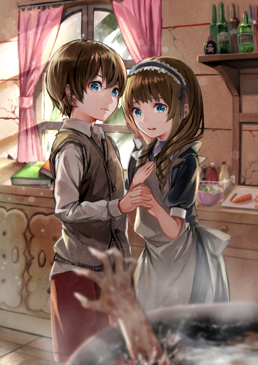 1boy, 1girl, absurdres, apron, black_dress, blood, blue_eyes, blurry
