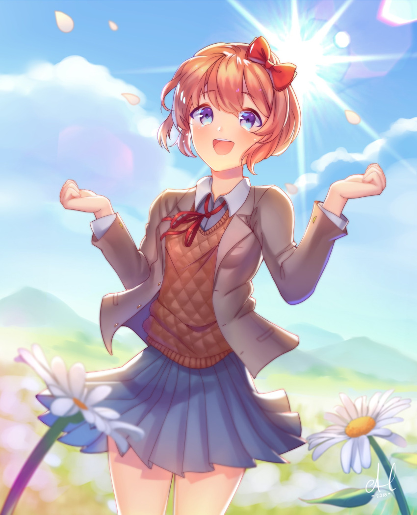 1girl, :d, asterleaf14, bangs, blazer, blue_eyes, blue_skirt, blurry