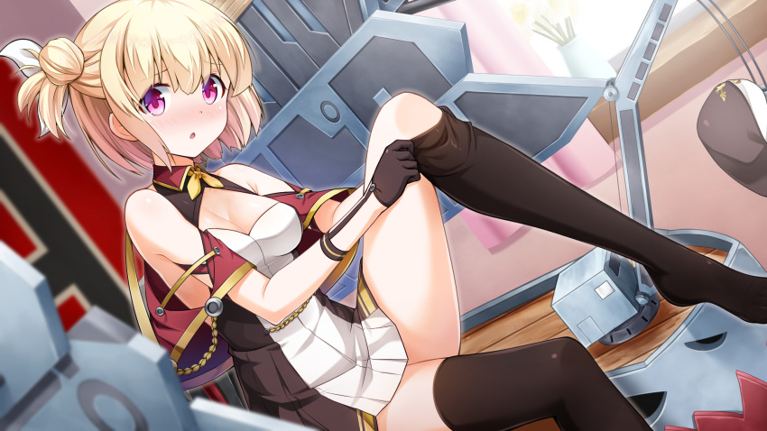 1girl, adjusting_clothes, adjusting_legwear, azur_lane, bare_shoulders, black_gloves, black_legwear, blonde_hair