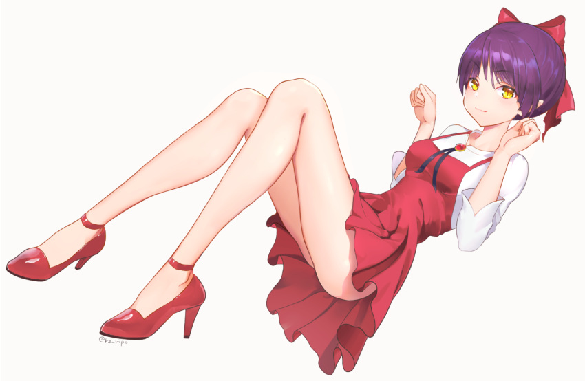 1girl, artist_name, ass, bangs, blush, bow, breasts, dress