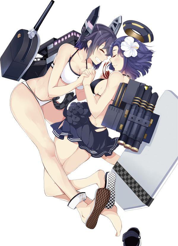 2girls, ass, bikini, bikini_skirt, blush, breasts, cleavage, closed_eyes