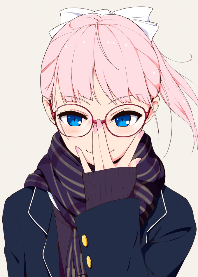 1girl, \||/, adjusting_eyewear, blue_coat, blue_eyes, blush, closed_mouth, coat, commentary_request, eyebrows_visible_through_hair, glasses, hi_iro, long_sleeves, looking_at_viewer, nail_polish, original, pink_hair, pink_nails, ponytail, purple_scarf, scarf, semi-rimless_eyewear, simple_background, sleeves_past_wrists, smile, solo, under-rim_eyewear, upper_body, white_background