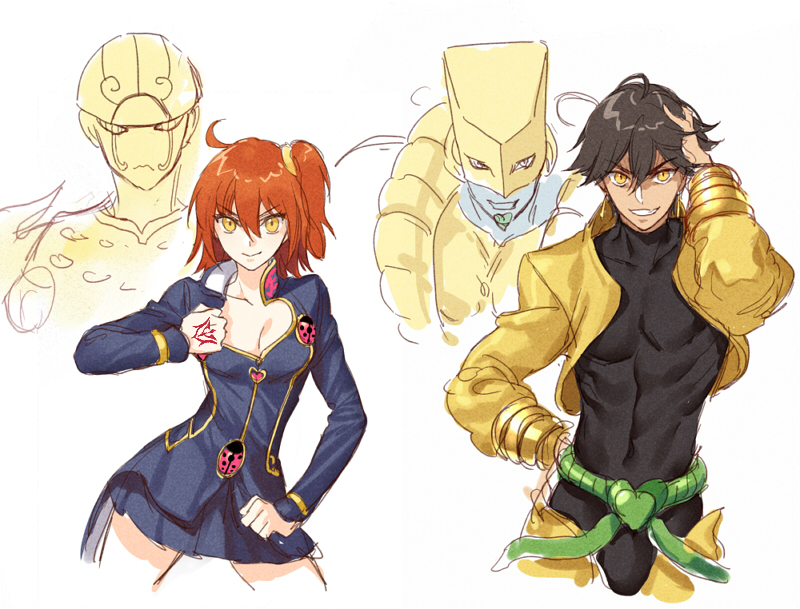 1boy, 1girl, abs, belt, black_hair, black_shirt, blue_jacket, breasts
