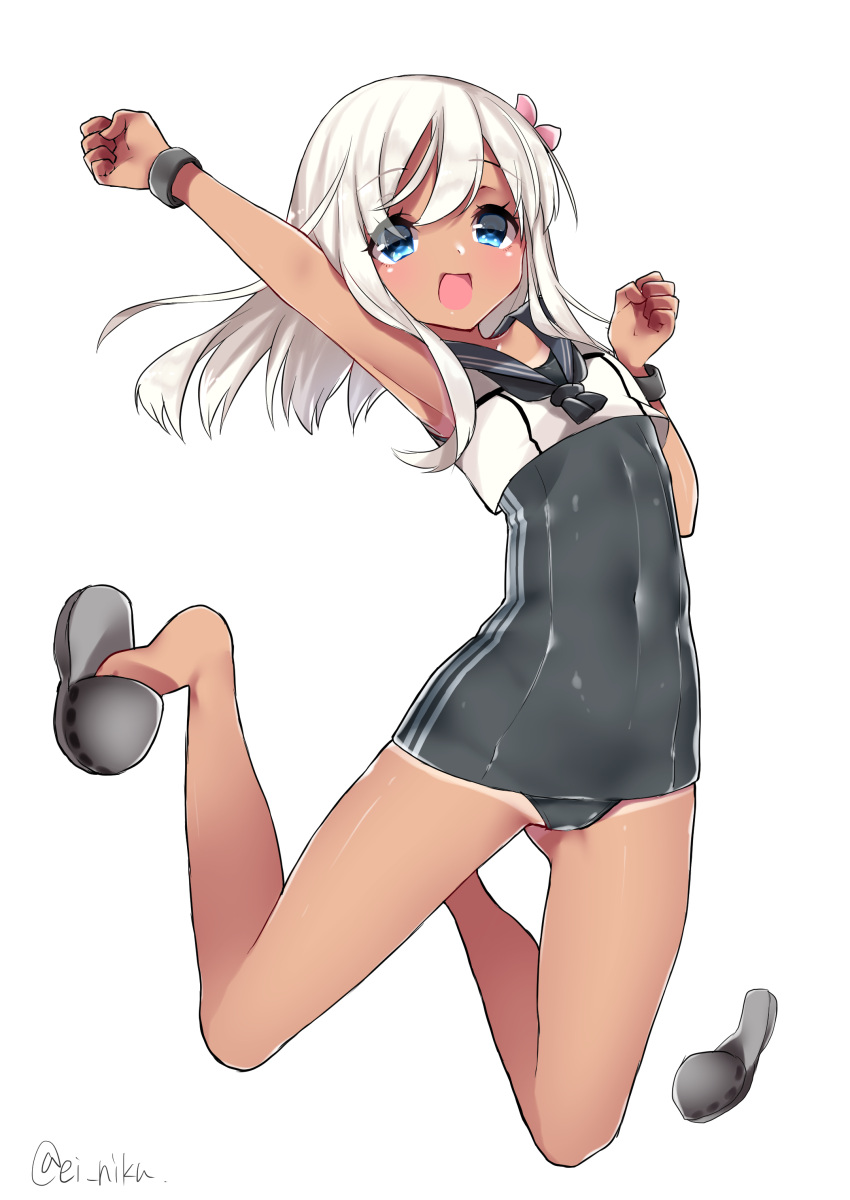 1girl, absurdres, arm_up, armpits, bare_arms, bare_legs, barefoot, black_swimsuit