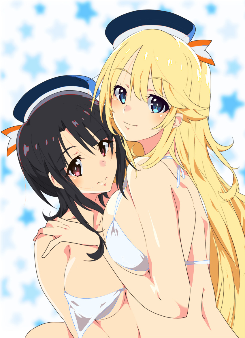 2girls, atago_(kantai_collection), bikini, bikini_top, black_hair, blonde_hair, blue_eyes, breasts, highres, kantai_collection, large_breasts, long_hair, looking_at_viewer, meriken0111, multiple_girls, red_eyes, short_hair, star, starry_background, swimsuit, takao_(kantai_collection), upper_body, white_bikini, white_bikini_top
