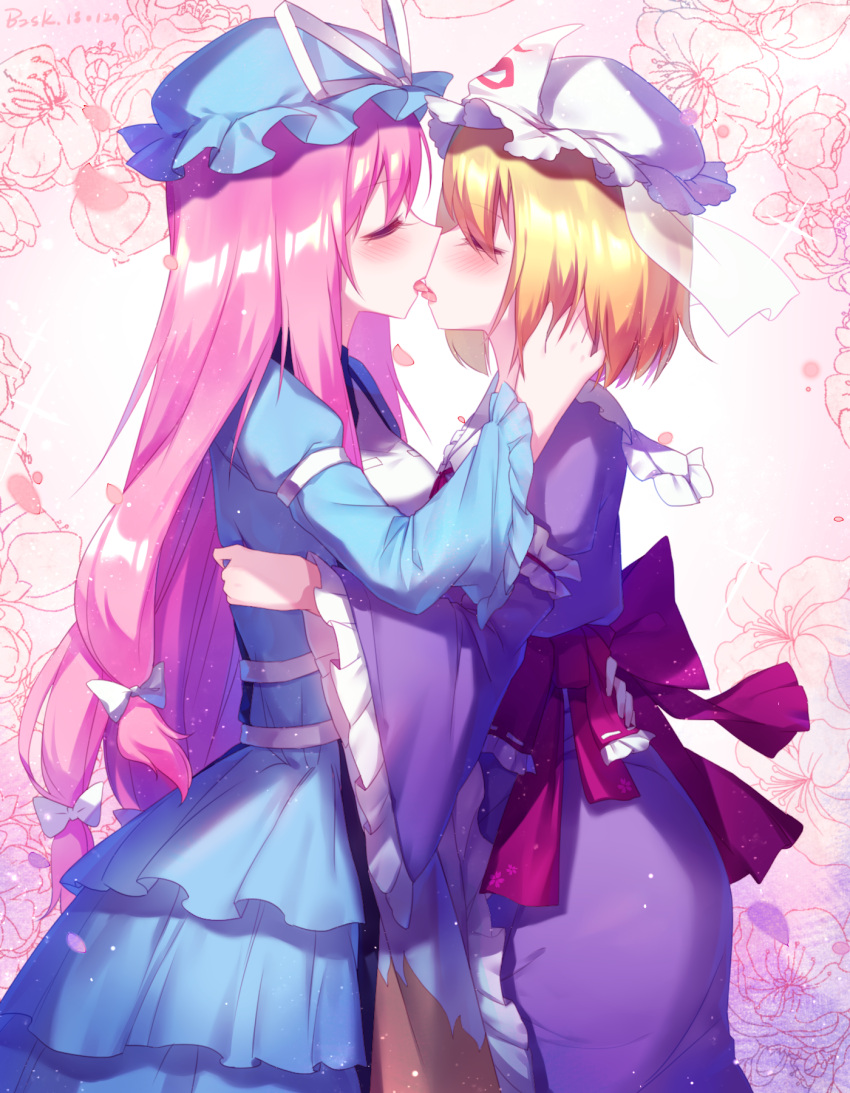 2girls, baozishark, blonde_hair, blue_dress, blue_hat, blush, bow, closed_eyes