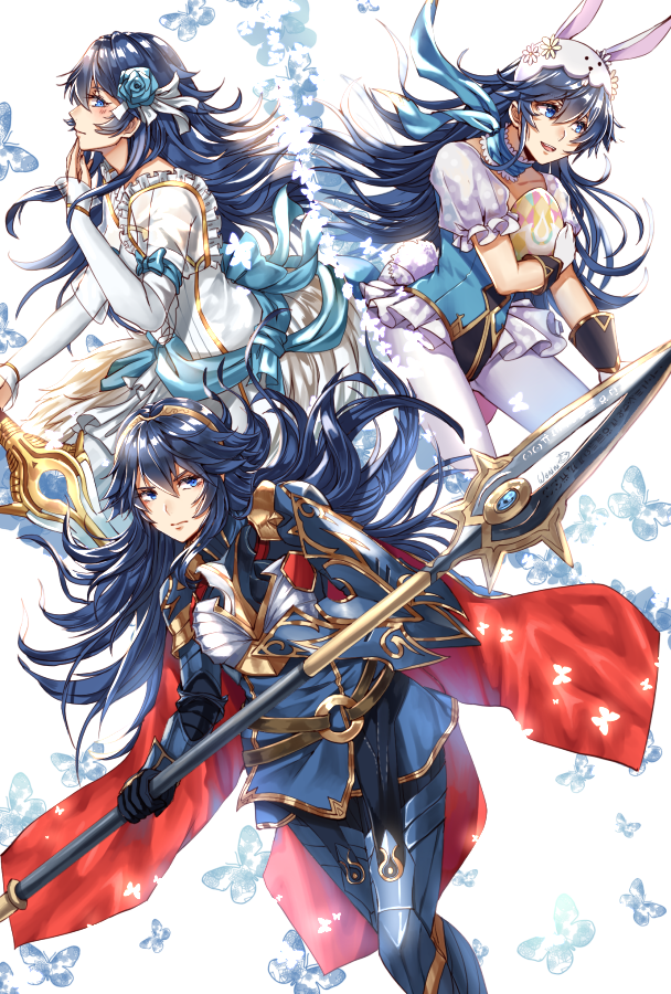 3girls, alternate_costume, animal_ears, blue_eyes, blue_hair, butterfly, easter_egg, egg