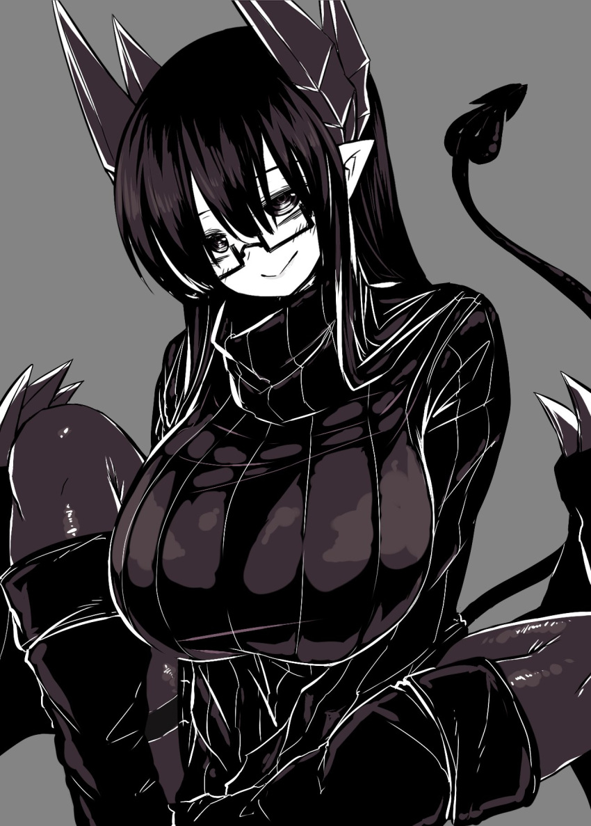 1girl, blush, boots, breasts, closed_mouth, commentary_request, demon_girl, demon_horns, demon_tail, demon_wings, grey_background, greyscale, highres, horns, huge_breasts, knee_up, looking_at_viewer, merii_(musuko_ga_kawaikute_shikatanai_mazoku_no_hahaoya), monochrome, musuko_ga_kawaikute_shikatanai_mazoku_no_hahaoya, pantyhose, pointy_ears, ribbed_sweater, semi-rimless_eyewear, simple_background, smile, sweater, tail, thukimidanngo, under-rim_eyewear, wings