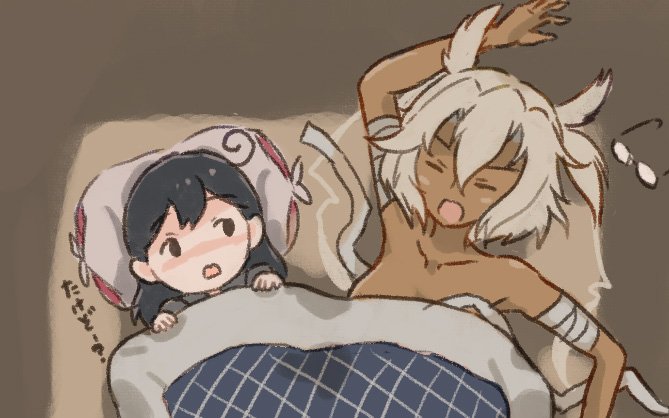 2girls, ahoge, bed, bed_sheet, blanket, breasts, budget_sarashi, closed_eyes