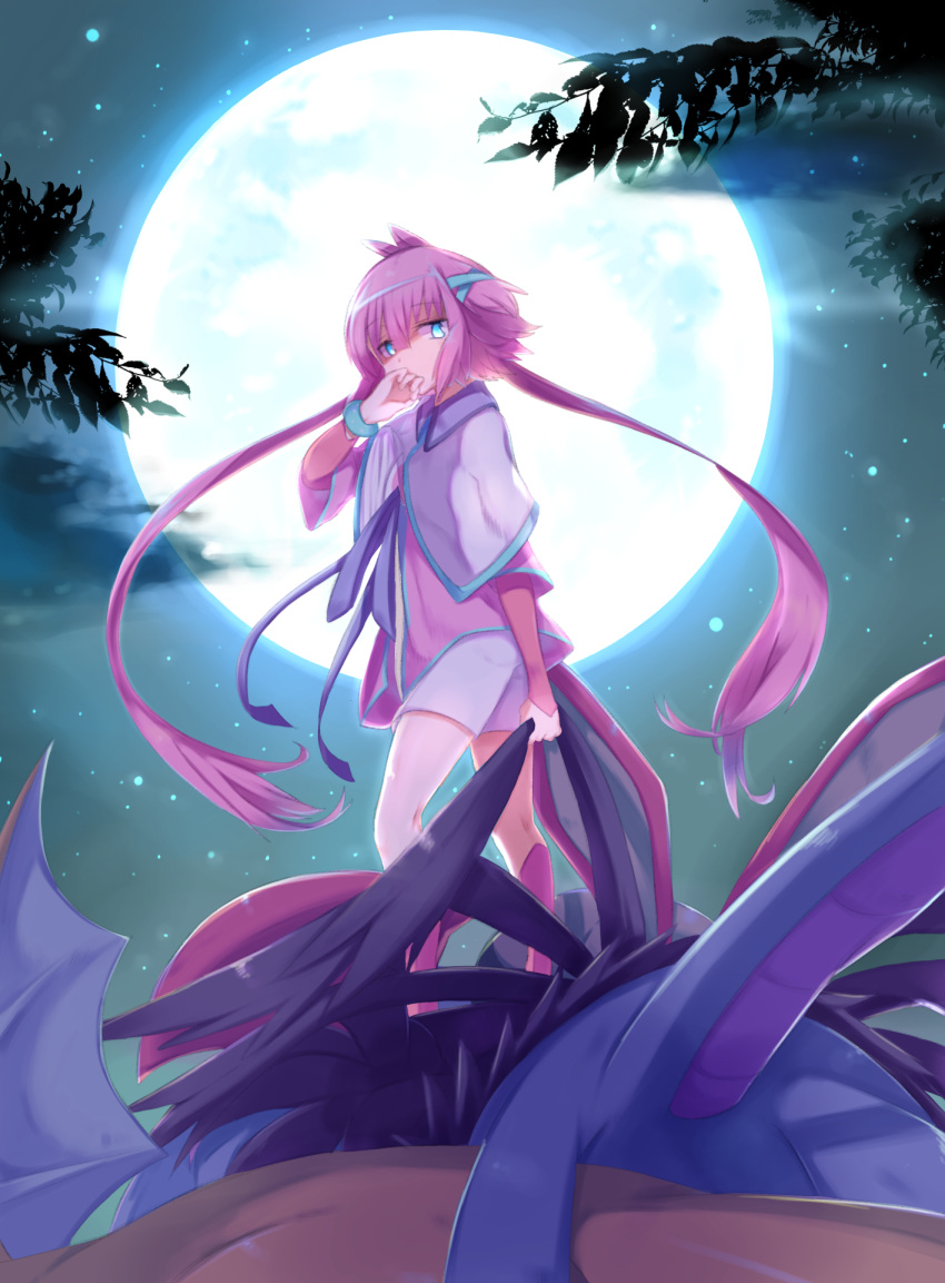 1girl, bangs, blue_eyes, character_request, eyebrows_visible_through_hair, fuwasn1545, hair_ornament, highres, long_hair, looking_at_viewer, moon, night, personification, pink_hair, pokemon, short_hair_with_long_locks, solo, star, wiping_face