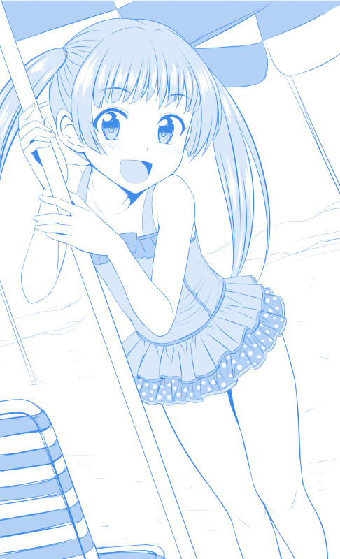1girl, :d, angle, beach, beach_chair, beach_umbrella, blue, blush