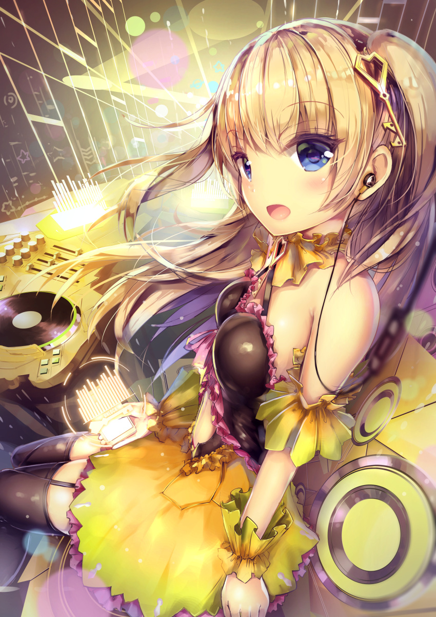 1girl, :d, absurdres, bare_shoulders, black_legwear, black_skirt, blue_eyes, blurry