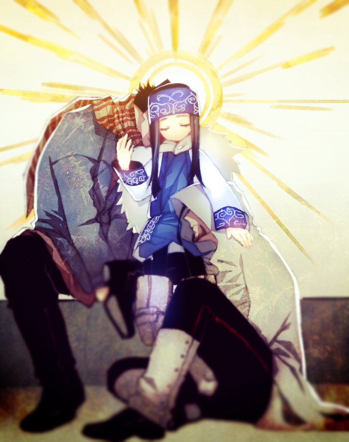 1girl, 2boys, ainu, ainu_clothes, asirpa, bandanna, black_hair, blurry