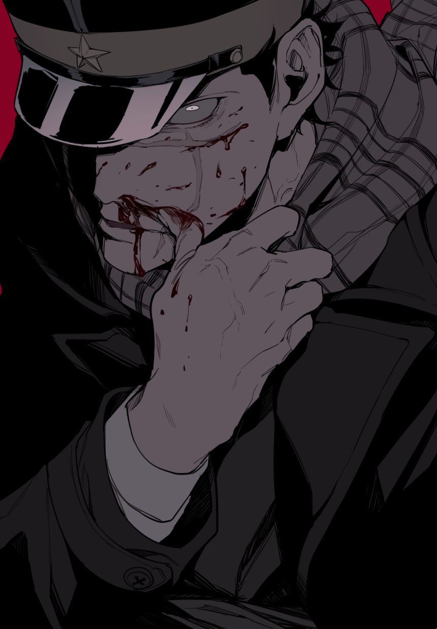 1boy, angry, black_hair, bleeding, blood, blood_on_face, blood_splatter, checkered, checkered_scarf, clenched_hand, commentary, facial_scar, golden_kamuy, hat, highres, injury, looking_at_viewer, male_focus, military_hat, mouth_scar, nosebleed, peaked_cap, sandato, scar, scar_on_cheek, scarf, short_hair, solo, sugimoto_saichi