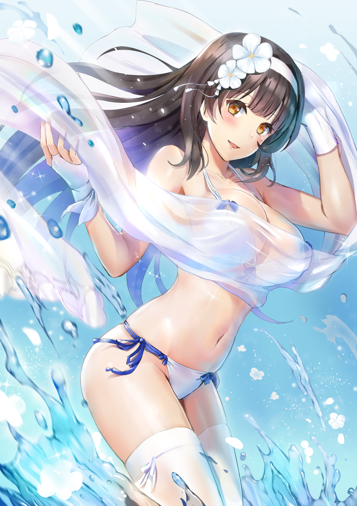 1girl, :d, bikini, blush, breasts, brown_eyes, brown_hair, collarbone, flower, from_side, girls_frontline, hair_flower, hair_ornament, hairband, large_breasts, leaning_forward, long_hair, navel, open_mouth, qbz-95_(girls_frontline), qian_wu_atai, side-tie_bikini, smile, solo, standing, swimsuit, thigh-highs, very_long_hair, water, water_drop, white_bikini, white_legwear