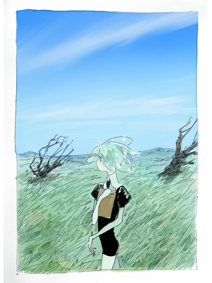 androgynous, blue_sky, clipboard, gem_uniform_(houseki_no_kuni), grass, green_hair, houseki_no_kuni, landscape