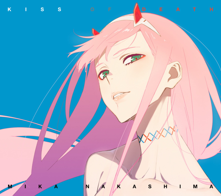 1girl, artist_name_(singer), artist_request, black_text, blue_background, choker, darling_in_the_franxx, english, eyeshadow, flowing_hair, green_eyes, grey_text, hair, head_tilt, headband, headshot, highres, horns, long_hair, looking_at_viewer, makeup, nude, official_art, pink_hair, red_eyeshadow, red_text, text, white_text, zero_two_(darling_in_the_franxx)