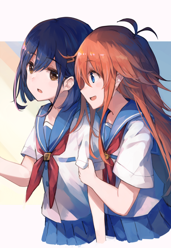 2girls, :d, antenna_hair, arm_holding, bangs, blue_eyes, blue_hair, blue_skirt