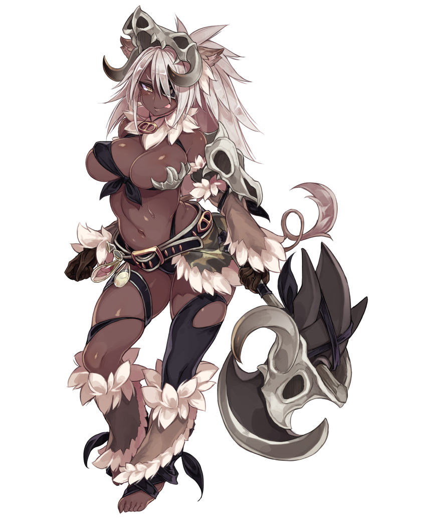 1girl, :p, absurdres, animal_ears, axe, belt, black_gloves, breasts
