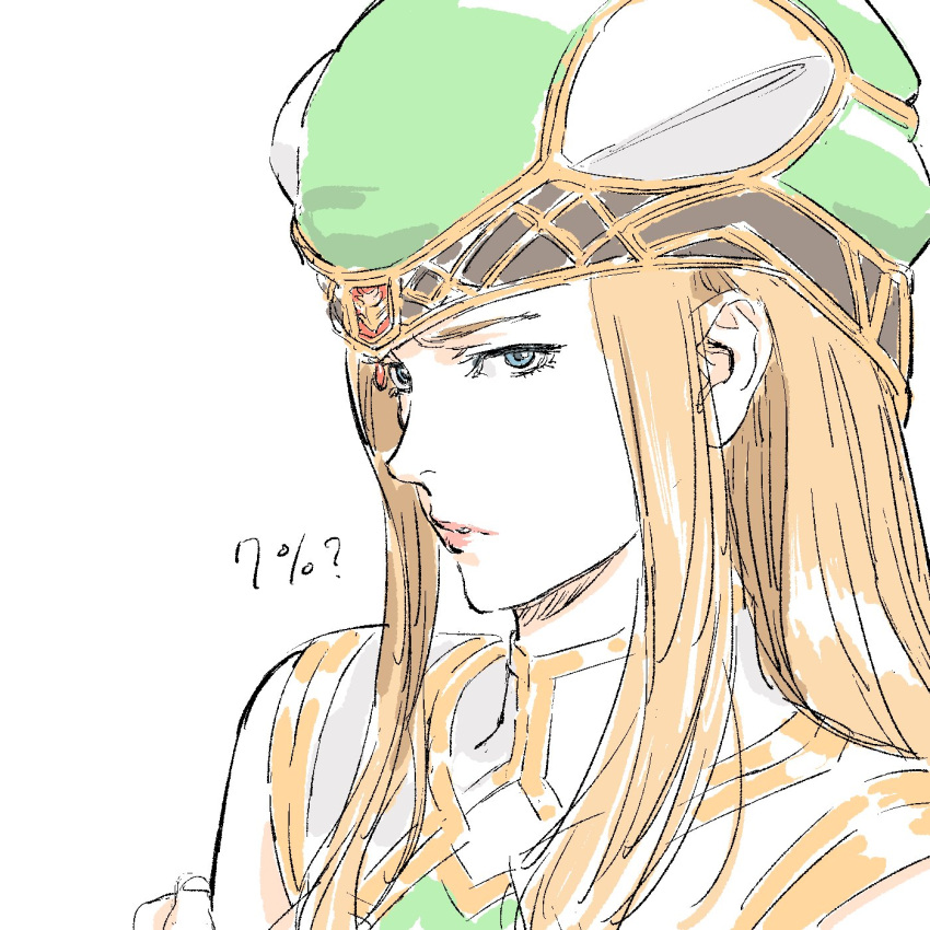 1girl, blue_eyes, brown_hair, freya_(valkyrie_profile), green_hat, hat, highres, light_frown
