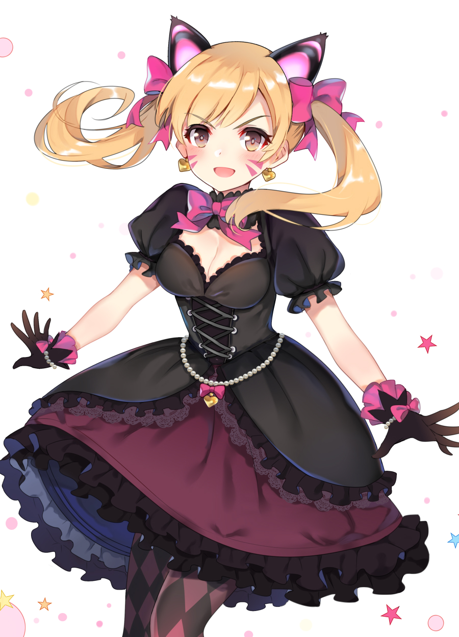 1girl, animal_ears, argyle, argyle_legwear, black_cat_d.va, black_dress, black_gloves, blonde_hair, blush, bow, bowtie, bracelet, breasts, brown_eyes, cat_ears, cleavage, cleavage_cutout, d.va_(overwatch), dress, earrings, eyebrows_visible_through_hair, eyelashes, facial_mark, fake_animal_ears, frilled_dress, frilled_sleeves, frills, gloves, hair_bow, heart, heart_earrings, highres, jewelry, layered_dress, long_hair, looking_at_viewer, medium_breasts, overwatch, pantyhose, pearl_bracelet, pink_bow, pink_neckwear, puffy_short_sleeves, puffy_sleeves, purple_legwear, short_sleeves, simple_background, solo, twintails, v-shaped_eyebrows, whisker_markings, white_background, zonana