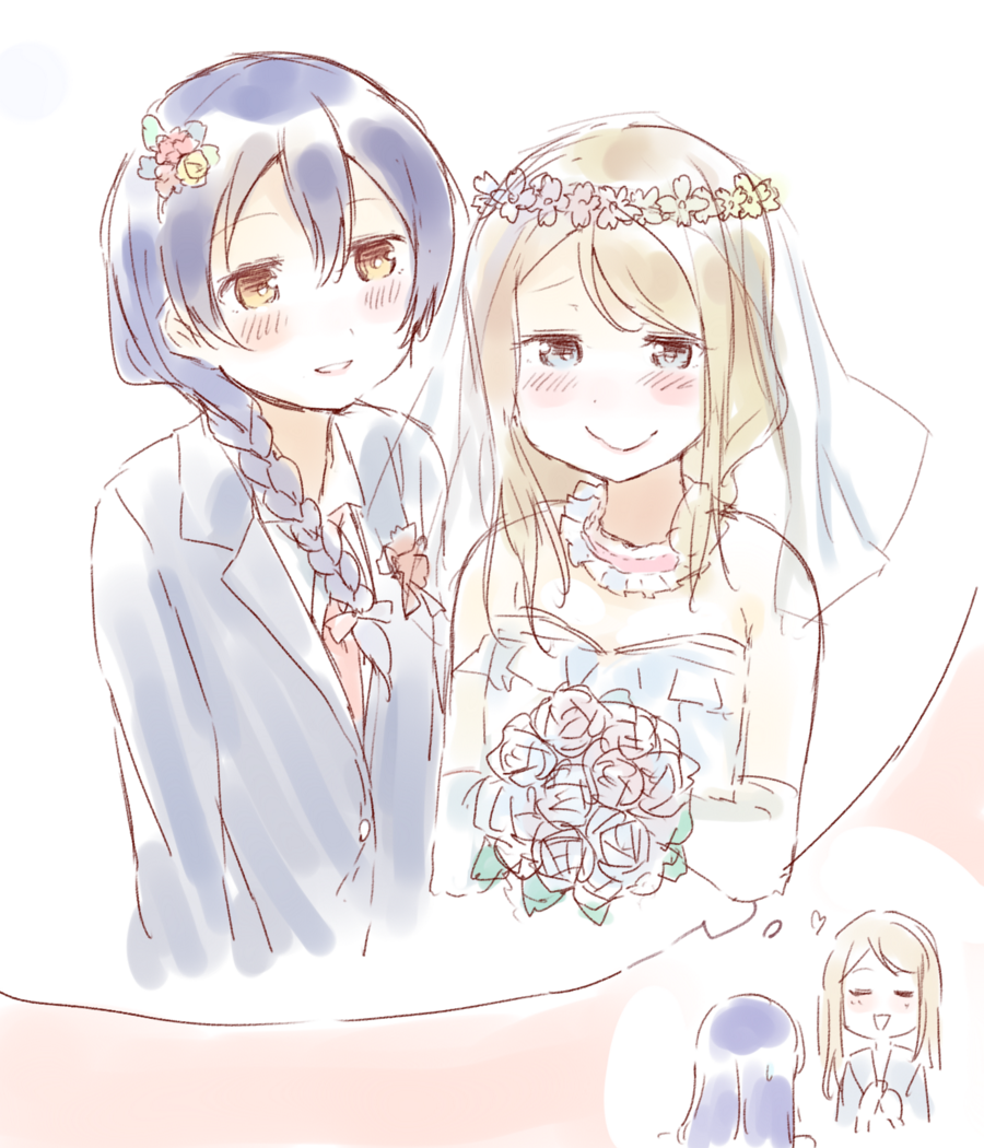 2girls, ayase_arisa, bangs, bare_shoulders, blonde_hair, blue_eyes, blue_hair, blush