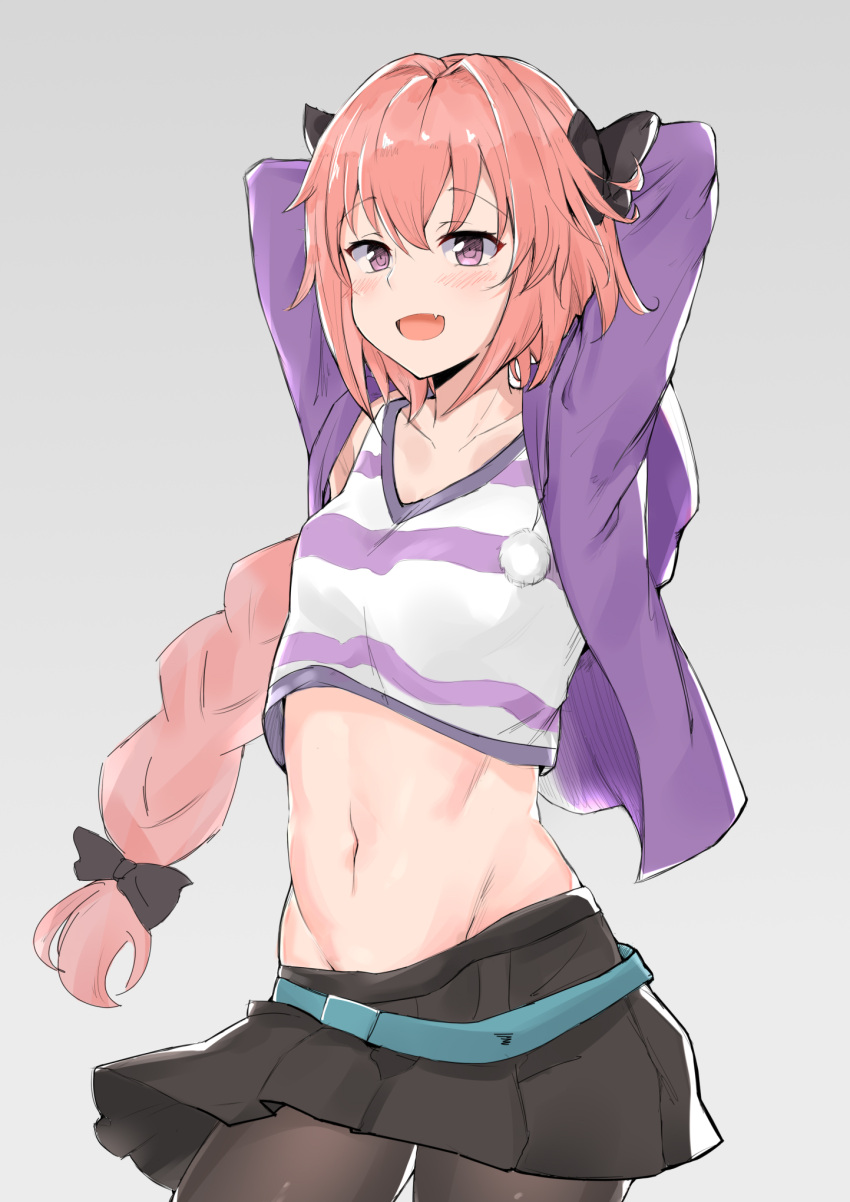 1boy, :d, arms_behind_head, arms_up, astolfo_(fate), bangs, belt, beltskirt, black_bow, black_legwear, blue_belt, blush, bow, braid, chinese_commentary, collarbone, commentary_request, contrapposto, cowboy_shot, cropped_vest, eyebrows_visible_through_hair, fang, fate/apocrypha, fate_(series), grey_background, groin, hair_between_eyes, hair_bow, hair_intakes, highres, hood, hood_down, hooded_jacket, jacket, long_hair, long_sleeves, looking_at_viewer, male_focus, midriff, miniskirt, navel, open_clothes, open_jacket, open_mouth, pantyhose, pink_hair, pleated_skirt, pom_pom_(clothes), purple_jacket, rosehip_t72, shiny, shiny_hair, shirt, simple_background, single_braid, skirt, smile, solo, standing, stomach, striped, striped_vest, trap, violet_eyes, white_shirt