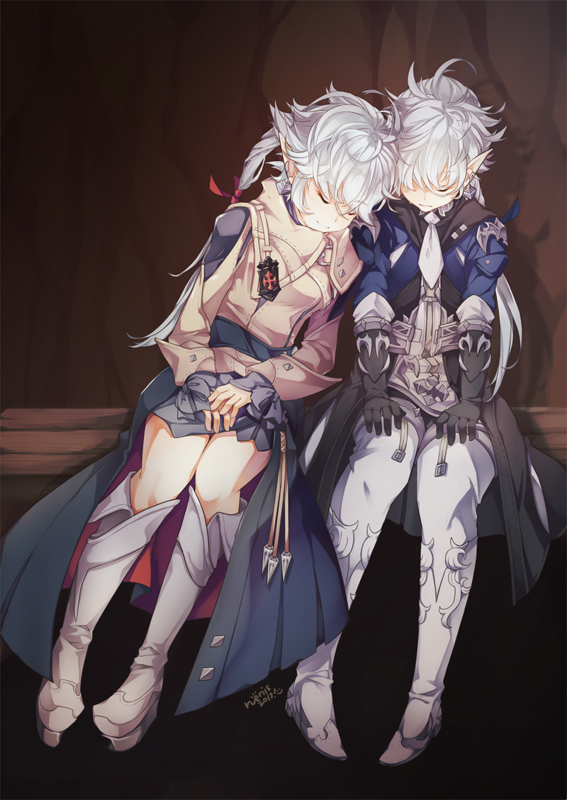 1boy, 1girl, alisaie_leveilleur, alphinaud_leveilleur, boots, brother_and_sister, closed_eyes, earrings