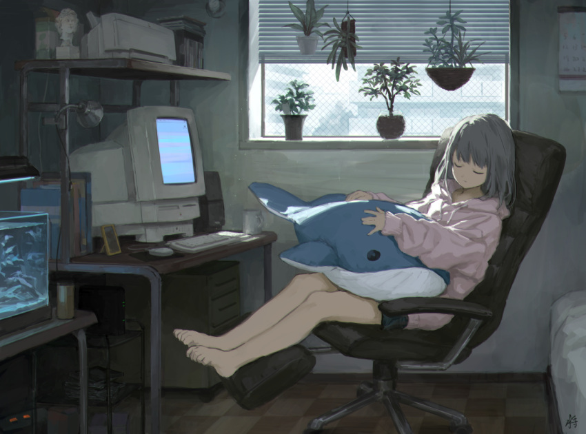 1girl, aquarium, artist_name, bangs, barefoot, book, bust_(sculpture), calendar_(object)