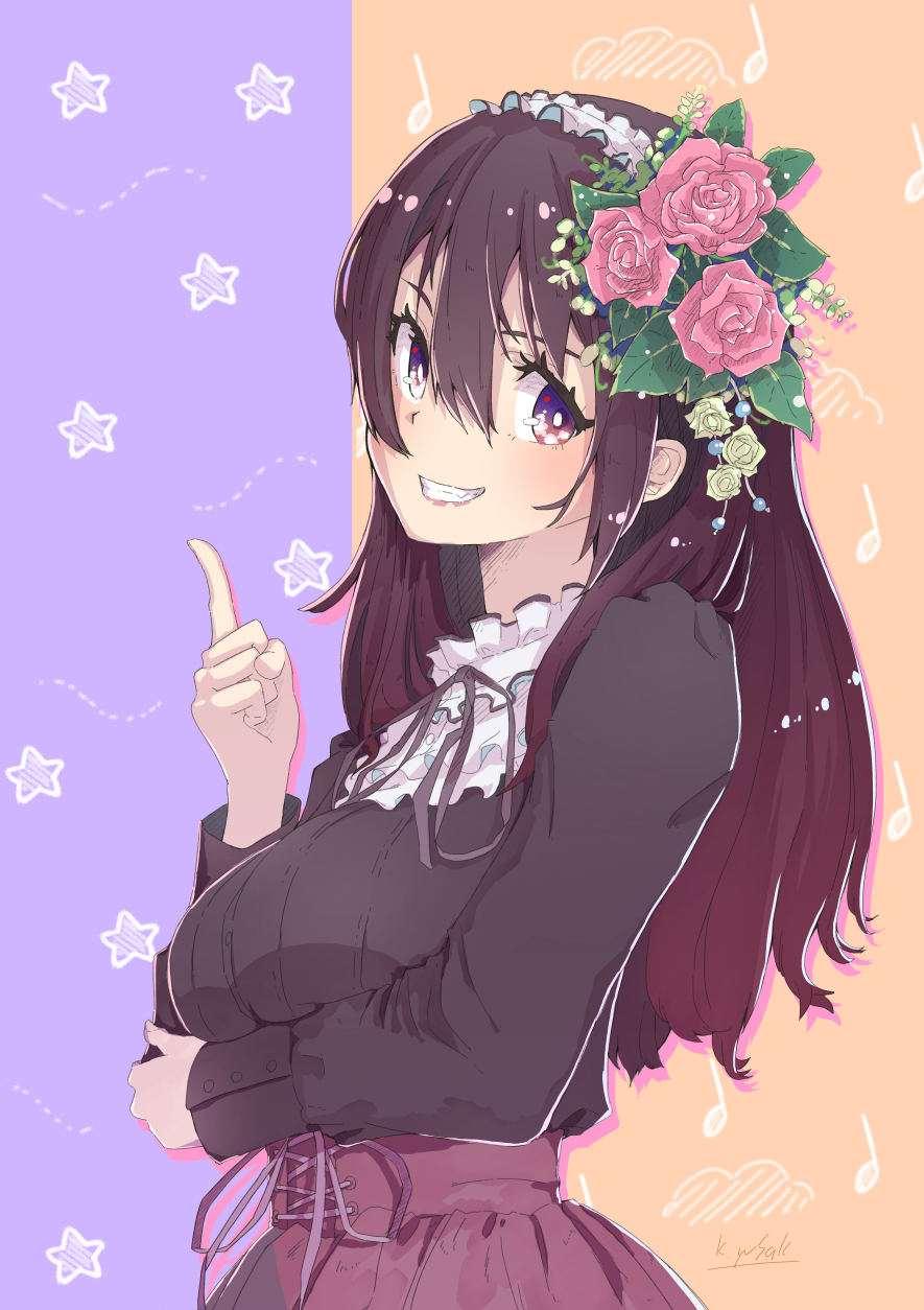 1girl, :d, black_ribbon, black_shirt, blush, breasts, bright_pupils, brown_hair